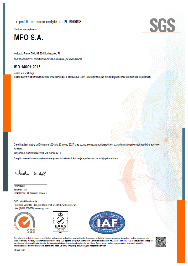 國產AV S.A. Certyfikat ISO 14001:2015