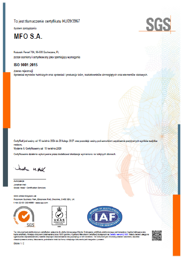 國產AV S.A. Certyfikat ISO 9001:2015 ENG